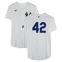 Luis Rojas New York Yankees Player-Worn #42 White Nike Pinstripe Jersey vs. Kansas City Royals on April 15, 2025 - Jackie Robinson Day