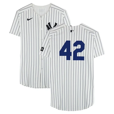 Luis Rojas New York Yankees Player-Worn #42 White Nike Pinstripe Jersey vs. Kansas City Royals on April 15, 2025 - Jackie Robinson Day