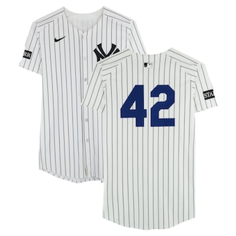 J.C. Escarra New York Yankees Player-Worn #42 White Nike Pinstripe Jersey vs. Kansas City Royals on April 15, 2025 - Jackie Robinson Day