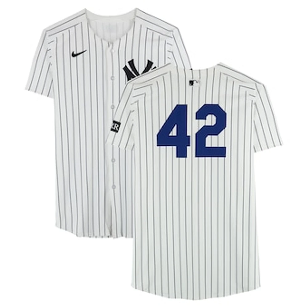 Yoendrys Gomez New York Yankees Player-Worn #42 White Nike Pinstripe Jersey vs. Kansas City Royals on April 15, 2025 - Jackie Robinson Day