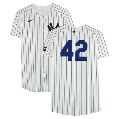 Yoendrys Gomez New York Yankees Player-Worn #42 White Nike Pinstripe Jersey vs. Kansas City Royals on April 15, 2025 - Jackie Robinson Day