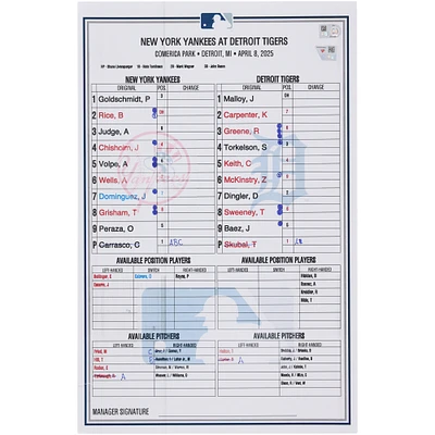 New York Yankees Game-Used Lineup Card vs. Detroit Tigers on April 8, 2025