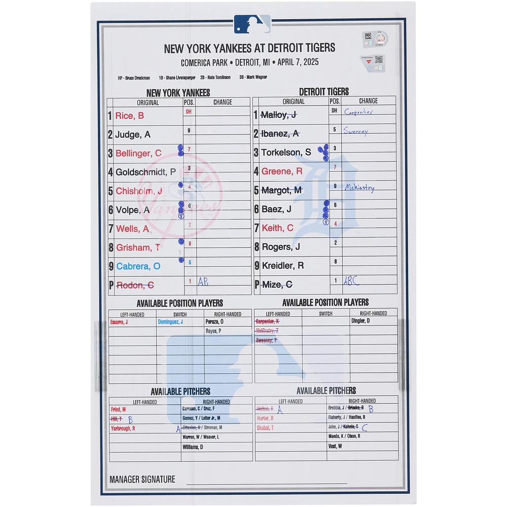 New York Yankees Game-Used Lineup Card vs. Detroit Tigers on April 7, 2025