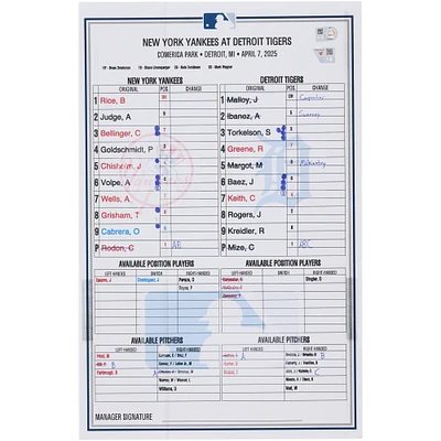 New York Yankees Game-Used Lineup Card vs. Detroit Tigers on April 7, 2025