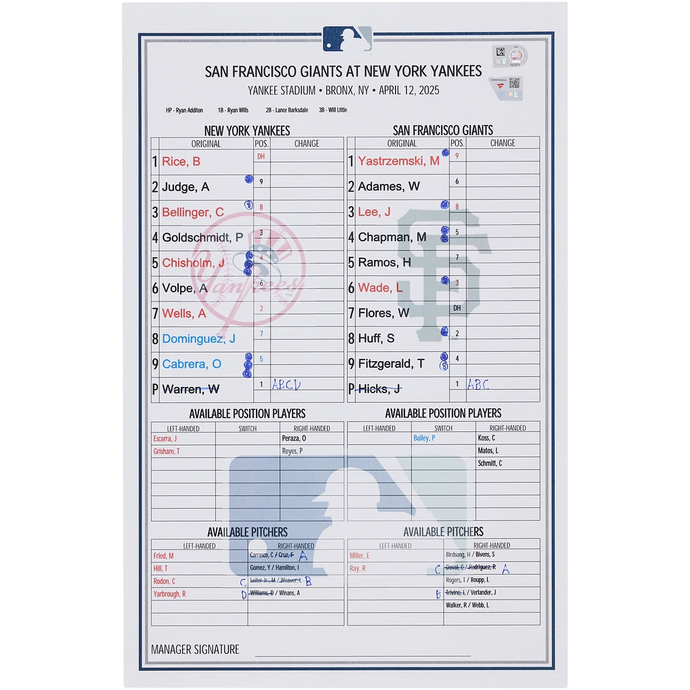 New York Yankees Game-Used Lineup Card vs. San Francisco Giants on April 12, 2025