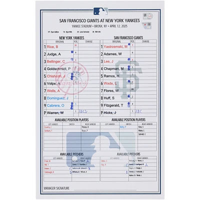 New York Yankees Game-Used Lineup Card vs. San Francisco Giants on April 12, 2025