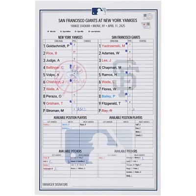New York Yankees Game-Used Lineup Card vs. San Francisco Giants on April 11, 2025