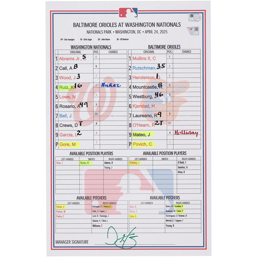 Washington Nationals Game-Used Lineup Card vs. Baltimore Orioles on April 24, 2025