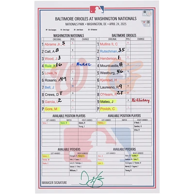Washington Nationals Game-Used Lineup Card vs. Baltimore Orioles on April 24, 2025