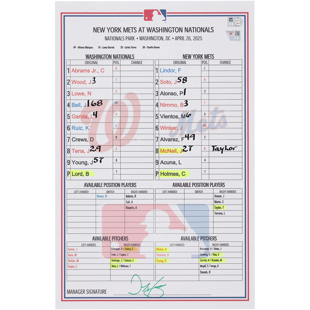 Washington Nationals Game-Used Lineup Card vs. New York Mets on April 26, 2025