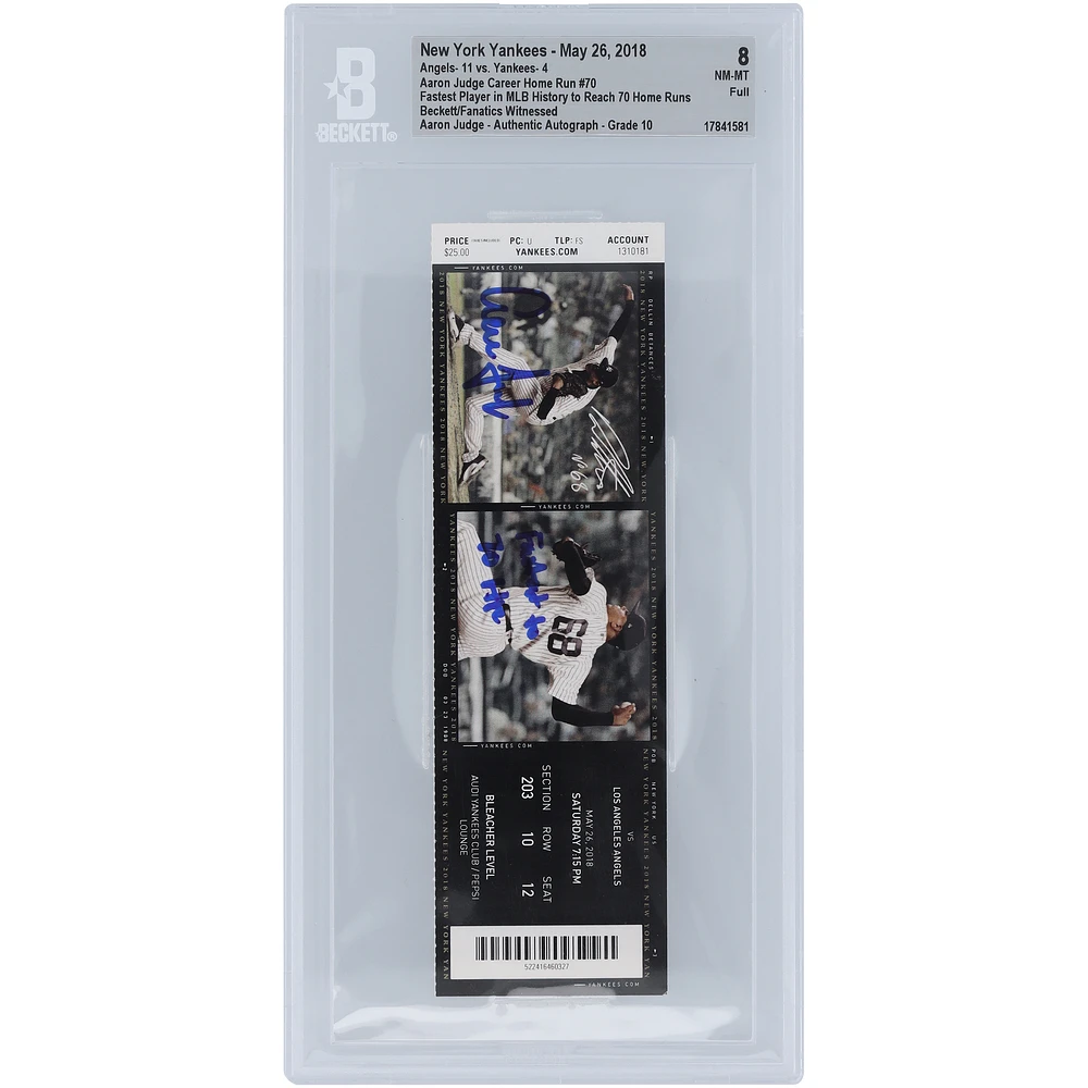 Aaron Judge New York Yankees Fastest Player in MLB History to Reach 70 Home Runs Beckett Fanatics Witnessed Authenticated 8/10 Ticket from May 26, 2018 with "Fastest to 70 HR" Inscription