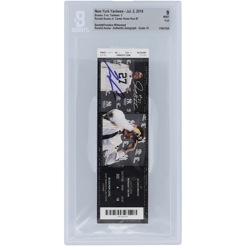 Ronald Acuña Jr. Atlanta Braves Career Home Run #7 Beckett Fanatics Witnessed Authenticated 9/10 Ticket from July 2, 2018