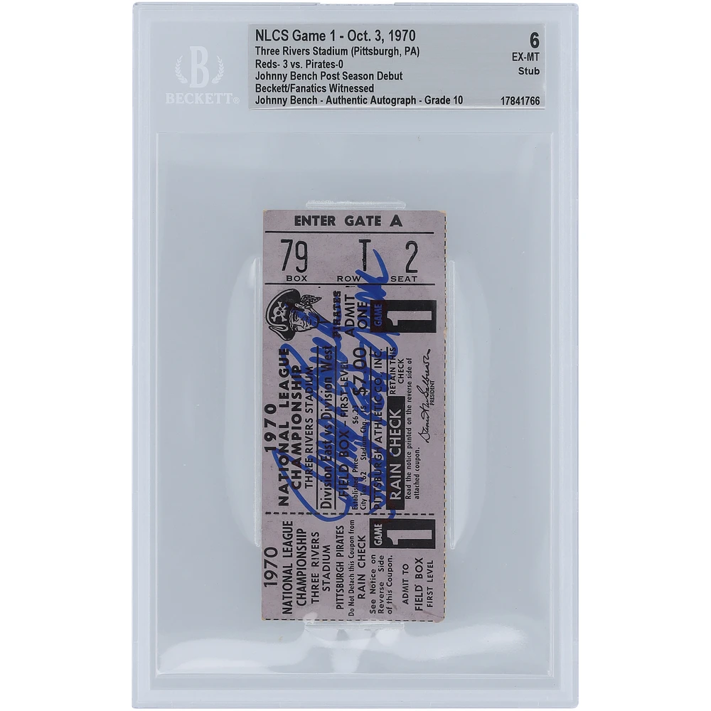 Johnny Bench Cincinnati Reds NLCS Game 1 Beckett Fanatics Witnessed Authenticated 6/10 Ticket from October 3, 1970 with "First Post Season" Inscription