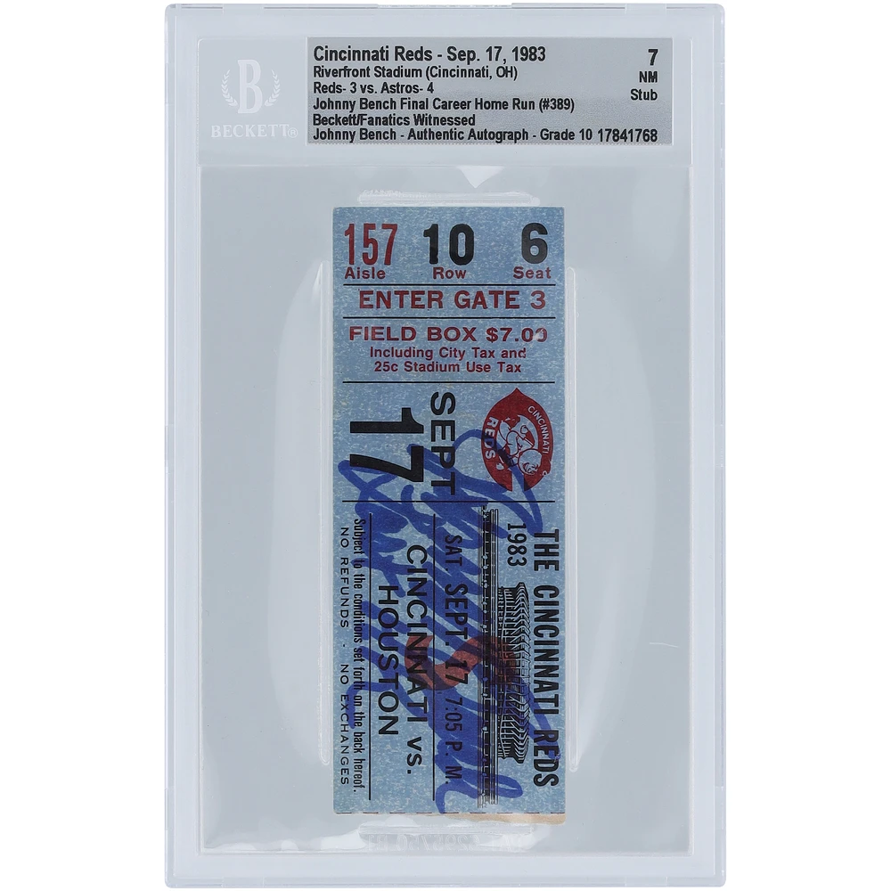 Johnny Bench Cincinnati Reds Final Career HR #389 Beckett Fanatics Witnessed Authenticated 7/10 Ticket from September 17, 1983 with "Last HR" Inscription