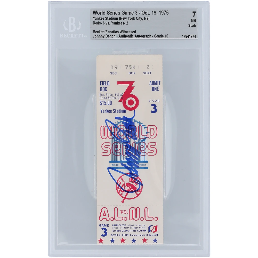 Johnny Bench Cincinnati Reds 1976 World Series Game 3 Beckett Fanatics Witnessed Authenticated 7/10 Ticket from October 19, 1976