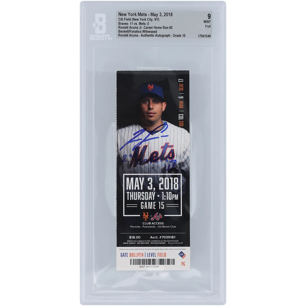 Ronald Acuña Jr. Atlanta Braves Career Home Run #2 Beckett Fanatics Witnessed Authenticated 9/10 Ticket from May 8, 2018 with "2nd Career HR" Inscription