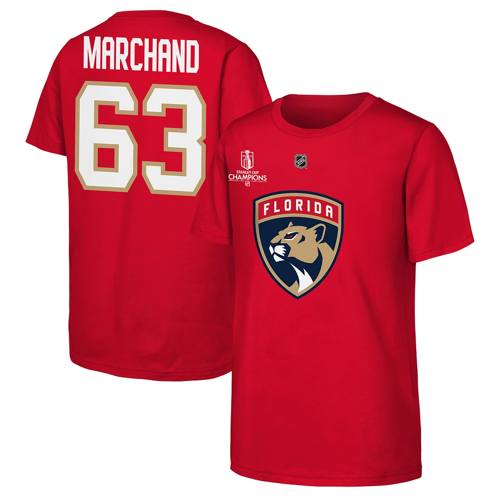 Youth Brad Marchand Red Florida Panthers 2025 Stanley Cup Champions Name & Number T-Shirt