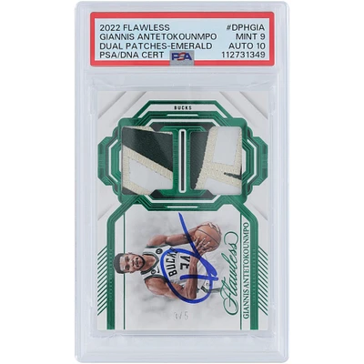 Giannis Antetokounmpo Milwaukee Bucks Autographed 2022-23 Panini Flawless Emerald Dual Patch 3 Color Relic #DPH-GIA #3/5 PSA Authenticated 9/10 Card
