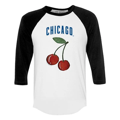 Women's Tiny Turnip White Chicago Cubs Cherries 3/4-Sleeve Raglan Baseball T-Shirt