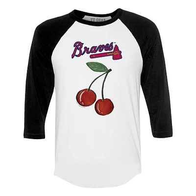 Women's Tiny Turnip White Atlanta Braves Cherries 3/4-Sleeve Raglan Baseball T-Shirt
