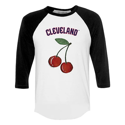 Women's Tiny Turnip White Cleveland Guardians Cherries 3/4-Sleeve Raglan Baseball T-Shirt