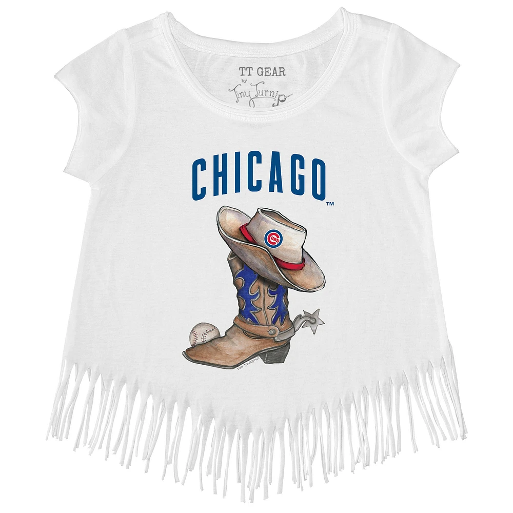 Girls Toddler Tiny Turnip White Chicago Cubs Cowboy Boot Fringe T-Shirt