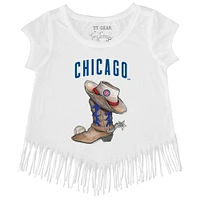 Girls Toddler Tiny Turnip White Chicago Cubs Cowboy Boot Fringe T-Shirt