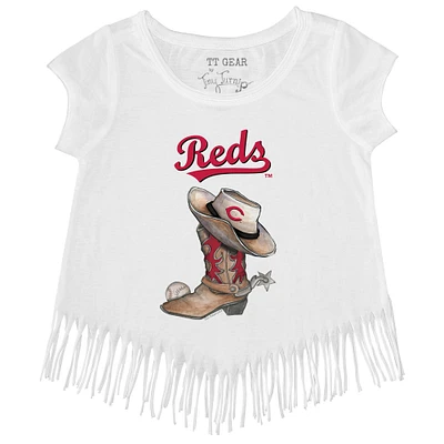Girls Toddler Tiny Turnip White Cincinnati Reds Cowboy Boot Fringe T-Shirt