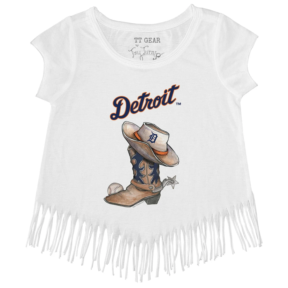 Girls Toddler Tiny Turnip White Detroit Tigers Cowboy Boot Fringe T-Shirt