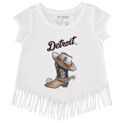Girls Toddler Tiny Turnip White Detroit Tigers Cowboy Boot Fringe T-Shirt