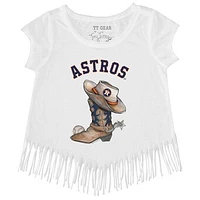 Girls Toddler Tiny Turnip White Houston Astros Cowboy Boot Fringe T-Shirt