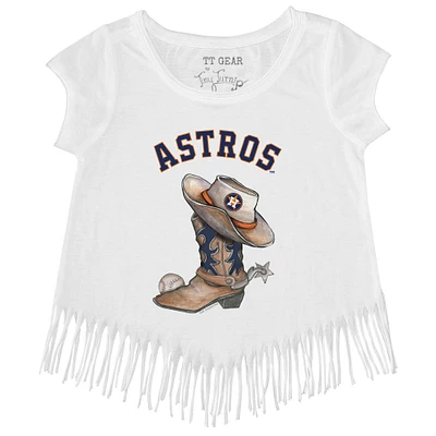 Girls Toddler Tiny Turnip White Houston Astros Cowboy Boot Fringe T-Shirt