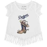 Girls Toddler Tiny Turnip White Los Angeles Dodgers Cowboy Boot Fringe T-Shirt