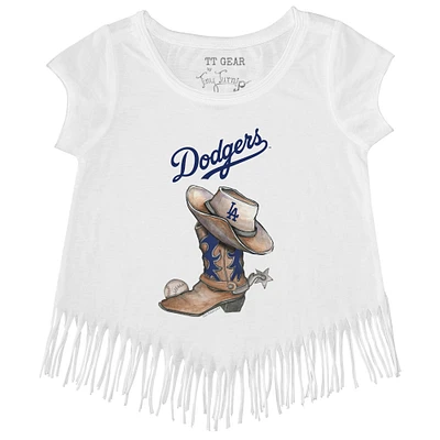 Girls Toddler Tiny Turnip White Los Angeles Dodgers Cowboy Boot Fringe T-Shirt