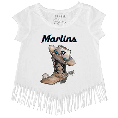 Girls Toddler Tiny Turnip White Miami Marlins Cowboy Boot Fringe T-Shirt