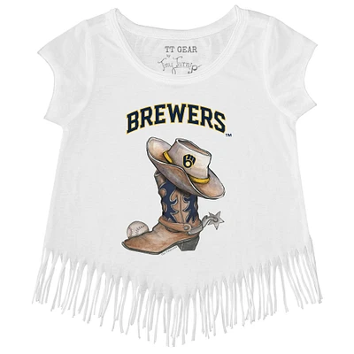Girls Toddler Tiny Turnip White Milwaukee Brewers Cowboy Boot Fringe T-Shirt