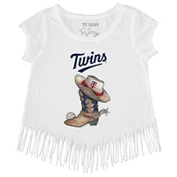 Girls Toddler Tiny Turnip White Minnesota Twins Cowboy Boot Fringe T-Shirt