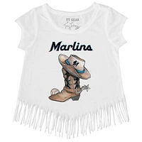 Girls Youth Tiny Turnip White Miami Marlins Cowboy Boot Fringe T-Shirt