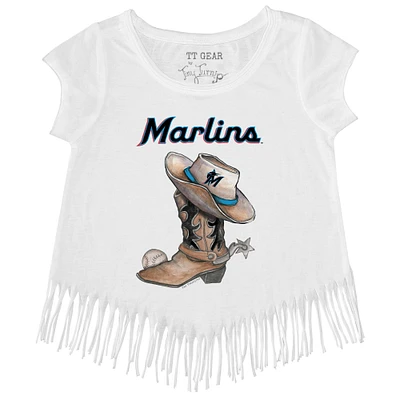 Girls Youth Tiny Turnip White Miami Marlins Cowboy Boot Fringe T-Shirt