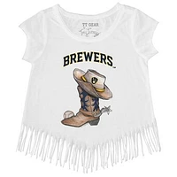Girls Youth Tiny Turnip White Milwaukee Brewers Cowboy Boot Fringe T-Shirt