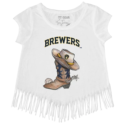 Girls Youth Tiny Turnip White Milwaukee Brewers Cowboy Boot Fringe T-Shirt