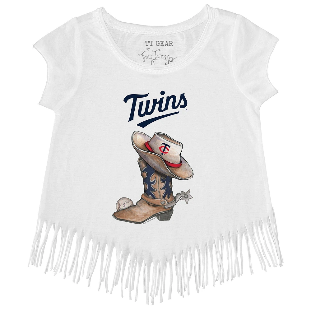 Girls Youth Tiny Turnip White Minnesota Twins Cowboy Boot Fringe T-Shirt