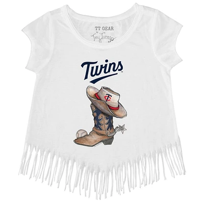 Girls Youth Tiny Turnip White Minnesota Twins Cowboy Boot Fringe T-Shirt