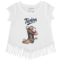 Girls Youth Tiny Turnip White Minnesota Twins Cowboy Boot Fringe T-Shirt
