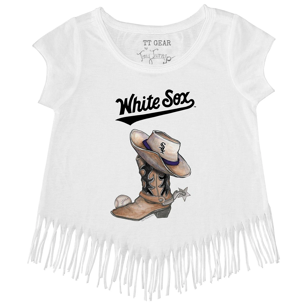 Girls Youth Tiny Turnip White Chicago Sox Cowboy Boot Fringe T-Shirt