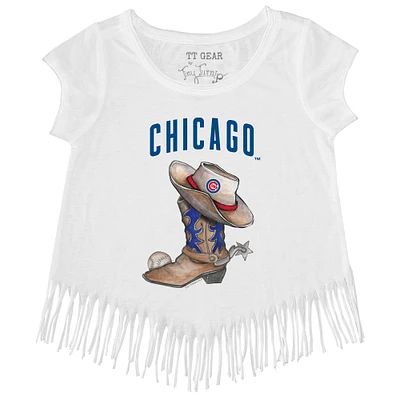 Girls Youth Tiny Turnip White Chicago Cubs Cowboy Boot Fringe T-Shirt