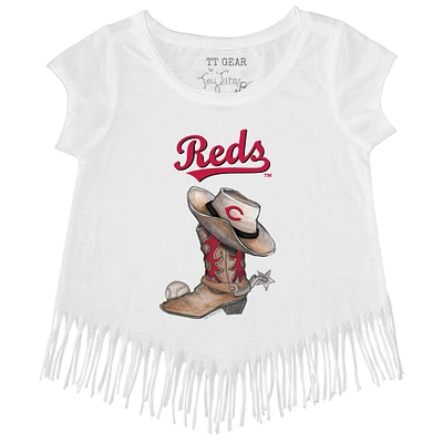 Girls Youth Tiny Turnip White Cincinnati Reds Cowboy Boot Fringe T-Shirt