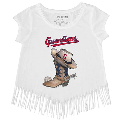 Girls Youth Tiny Turnip White Cleveland Guardians Cowboy Boot Fringe T-Shirt