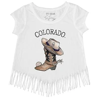 Girls Youth Tiny Turnip White Colorado Rockies Cowboy Boot Fringe T-Shirt
