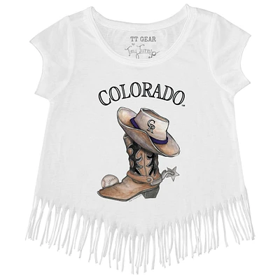Girls Youth Tiny Turnip White Colorado Rockies Cowboy Boot Fringe T-Shirt
